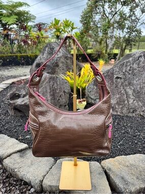 Tommy Hilfiger Brown Faux Croc Shoulder Hobo Bag Pink Lining